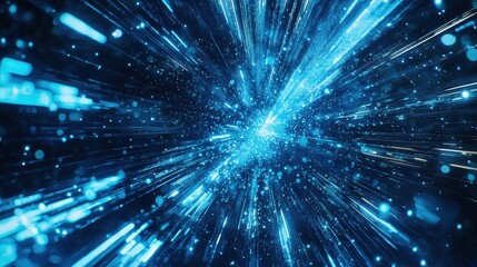 Fototapeta premium Abstract blue holographic beams of light crisscrossing through a dynamic digital space filled with futuristic technology elements.