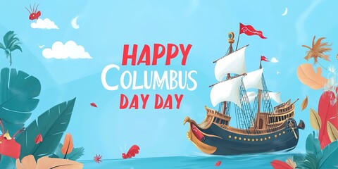 Happy Columbus Day National Usa Holiday Greeting Card With Ship In Ocean Sea Water.  Illustration