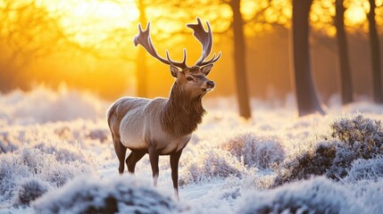 Deer standing gracefully in a snowy woodland, his antlers rising above the frosted landscape, embodying the beauty of winter