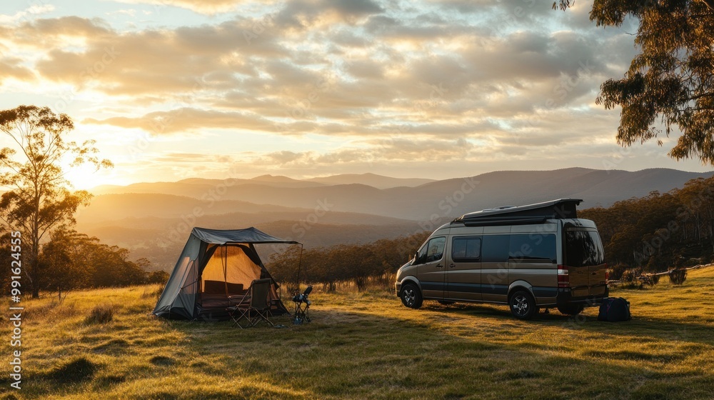 Wall mural camping adventure with sunset views