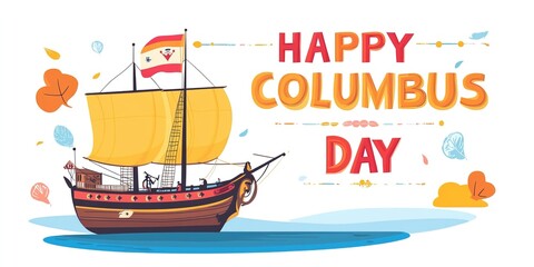 Happy Columbus Day National Usa Holiday Greeting Card With Ship In Ocean Sea Water.  Illustration