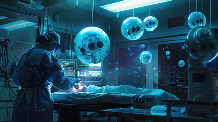 A surgeon at work in a room filled with floating orbs that monitor the patient's health and adjust the surgical environment in real-time