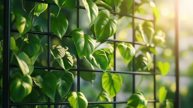 Lush green leaves climbing on a trellis in natural light during a sunny afternoon