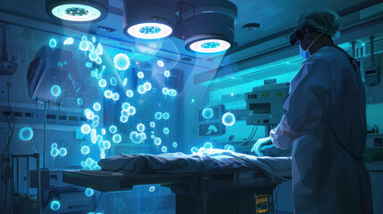 A surgeon conducting an operation in a room filled with floating, glowing symbols that represent the patient's health and guide the surgeon's movements