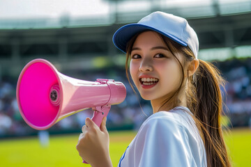 A female fan cheering with a pink megaphone at a baseball game.