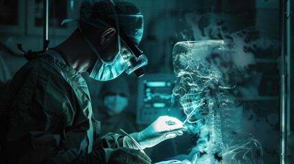 A surgeon conducting an operation where the patient's body is transparent, allowing the surgeon to see every detail of the internal structure