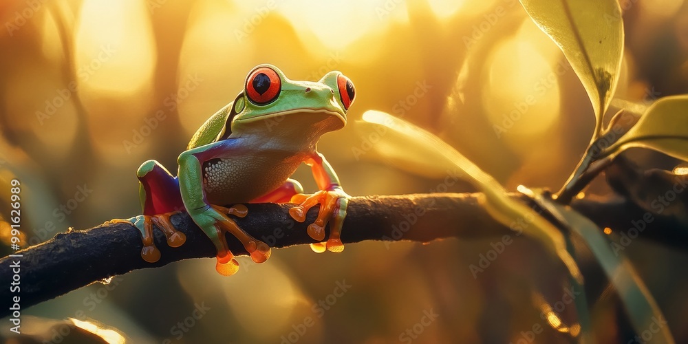 Sticker A vibrant red-eyed tree frog perched on a branch amidst a warm, glowing backdrop. This captivating wildlife image captures the beauty of nature in soft-focus. Ideal for nature enthusiasts. AI