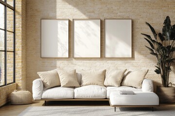 Fototapeta premium Modern Living Room Interior with Blank Poster Frame in Scandinavian Style