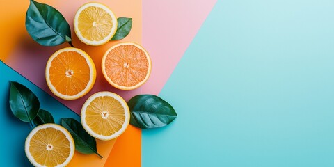 A vibrant arrangement of sliced citrus fruits with lush green leaves, placed on a multicolored abstract geometric background.