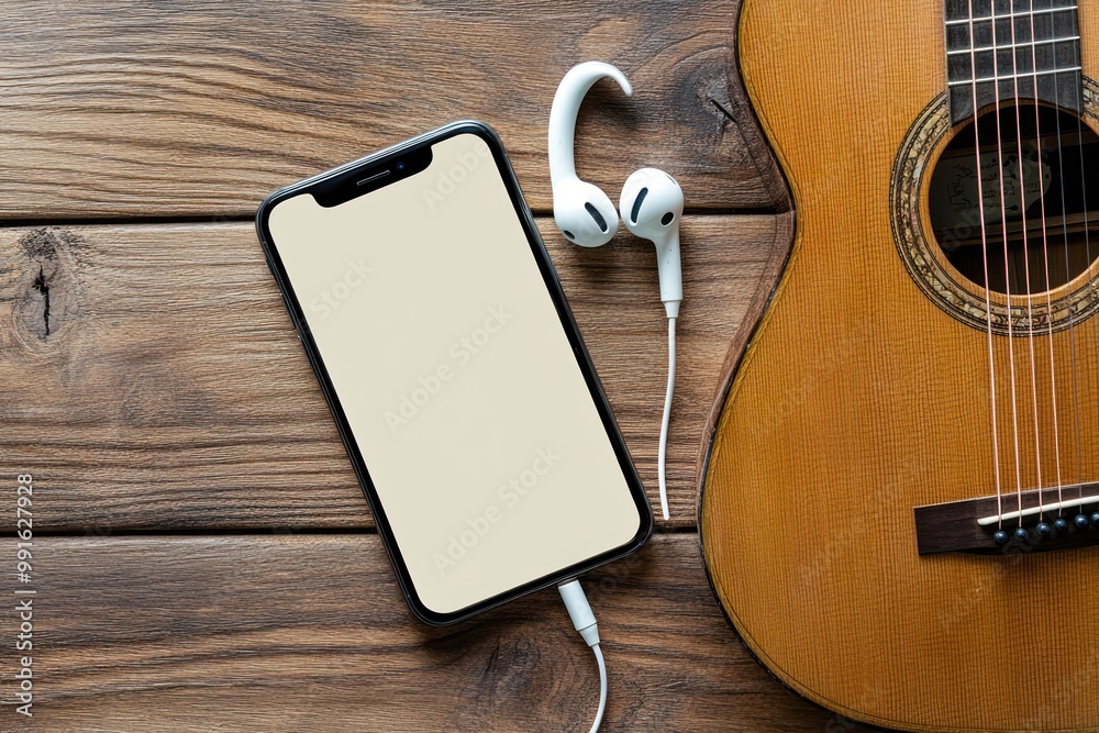 Wall mural acoustic guitar and smartphone with earbuds on a wooden table