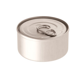 Tin can, fish or pet food mockup with pull ring. Metallic canned round with open key, metal jar isolated on white background. Aluminium preserve canister. 3d illustration, 3d rendering