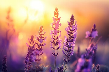 Obraz premium Beautiful purple flowers in the garden at sunset. Nature background. Levander flower on the garden.geneative ai