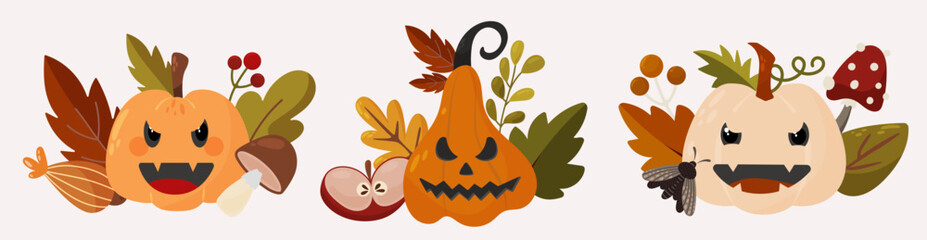 Set of Halloween pumpkins in cartoon style decorated with fall leaves. Collection with autumn botany. Hand drawn vector illustration  in cartoon style. Design for geeting cards, textile, wallpaper