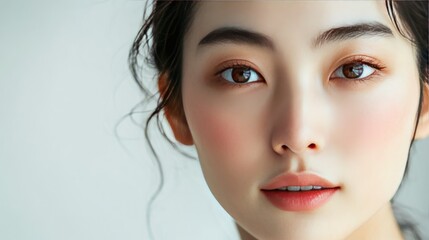 Fototapeta premium Elegant portrait of an Asian woman with radiant, glowing skin, natural makeup, and a simple backdrop, ideal for beauty, skincare, and natural beauty branding.