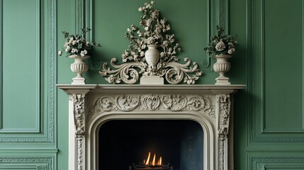 Ornate white fireplace with flames in a green room.