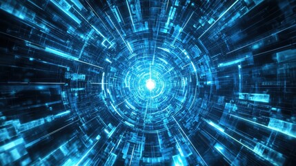 Fototapeta premium Blue beams of light radiating from a central point in a holographic background filled with modern technology elements.