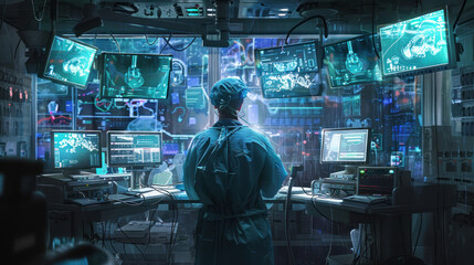A surgeon in an operating room filled with floating, transparent monitors that adjust their position to provide the best view of the surgery in progress