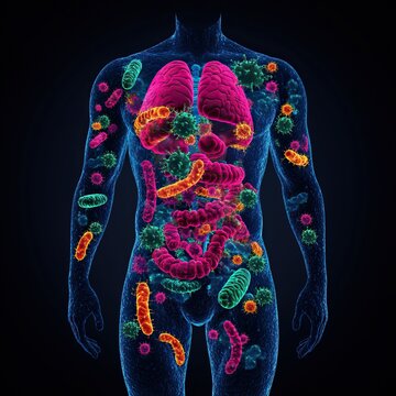 Illustration of the human body with colorful microbes and bacteria, depicting a vibrant microbiome and its relationship with human health.