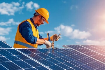 Electrical Engineer Testing Solar Panel Efficiency with Advanced Tools in Flat Design Illustration