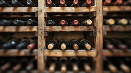 Wine Bottles on Wooden Shelf in a Wine Cellar.