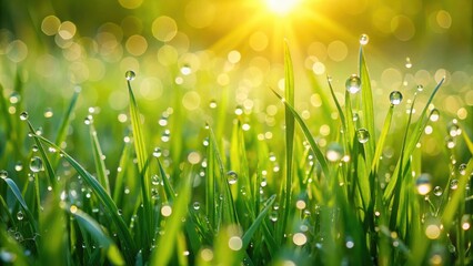Fototapeta premium Fresh green grass with dew drops glistening in morning sunlight nature closeup
