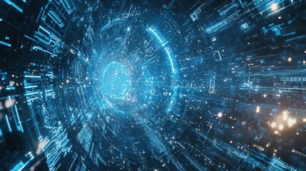 Fototapeta premium Blue holographic beams of light flowing through a futuristic digital world filled with abstract tech symbols.