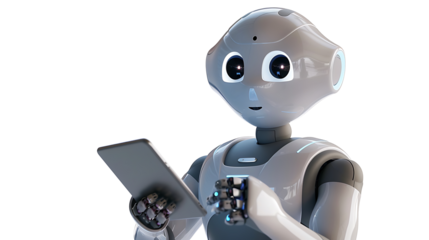 Ai robot using tablet isolate on withe background