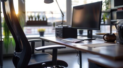 Modern office desk setup with computer monitor and chair in front of a window. Home office and workspace concept for banner, poster, wallpaper.