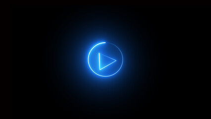 Neon glowing play button with neon circle. Blue color play button on black background.