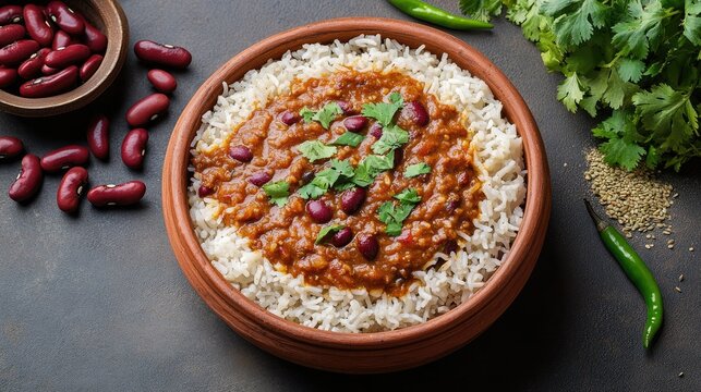 Flat lay of Rajma red bean masala with rice in a clay bowl on a concrete table, accompanied by red beans, green chilies, and cumin seeds. A flavorful Indian meal.