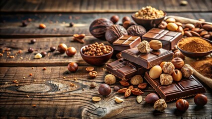 Delicious chocolate pieces with nuts and cocoa balls on rustic wooden table
