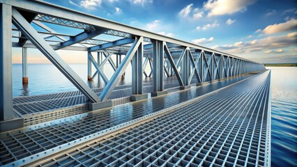 Naklejka premium Industrial metal floor grating bridge truss structure over water for engineering design and construction concepts