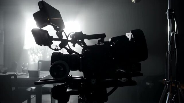 movie camera on the slider in the backlight from the window, the rays of the sun in a smoky room
