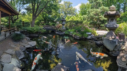 Serene Beauty of a Japanese Garden: Koi Pond, Stone Lanterns, & Wooden Bridge