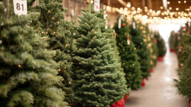 festive scene showcasing variety of Christmas trees arranged in cozy setting, illuminated by warm lights, creating joyful holiday atmosphere