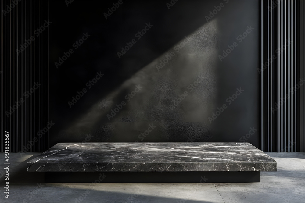 Wall mural 3d product table in an empty studio, facing a black wall, is set up for presentation on a podium wit