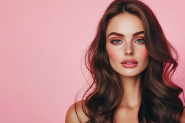 Fototapeta premium Beautiful woman with long wavy hair on a pink background. Ad for shampoo conditioner hair products .geneative ai