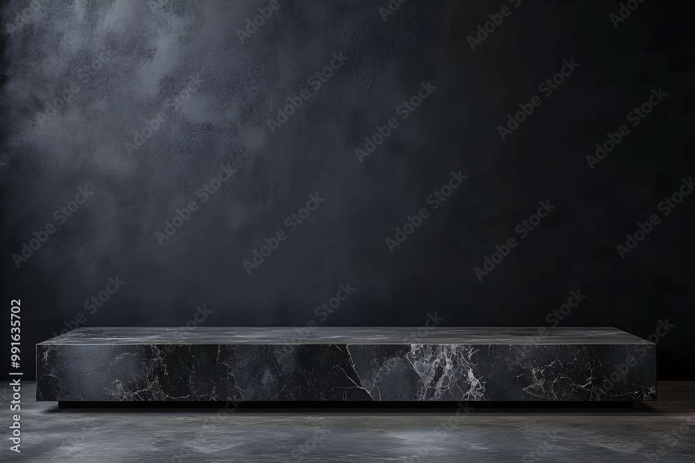 Fototapete 3d product table in an empty studio, facing a black wall, is set up for presentation on a podium wit