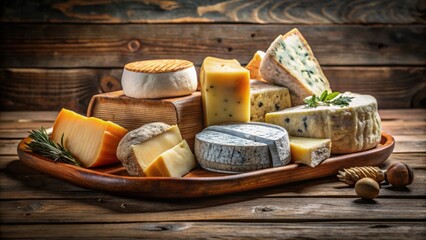 Variety of French Cheeses on Rustic Wooden Tray for Gastronomy Food Experience