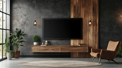 Modern Living Room Interior with Smart TV on Wooden Wall, Armchair and Minimalist Decor