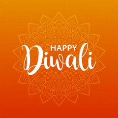 White text Happy Diwali on the background of abstract floral mandala. Festive design for greeting card, banner or poster for hindu festival Diwali.