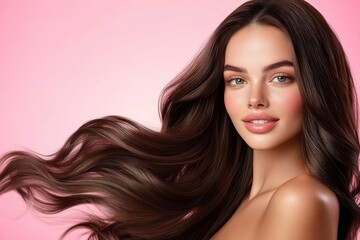 Fototapeta premium Beautiful woman with long wavy hair on a pink background. Ad for shampoo conditioner hair products .geneative ai