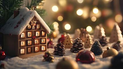 festive advent calendar sits in snowy landscape, surrounded by miniature Christmas trees and ornaments, evoking warm holiday spirit