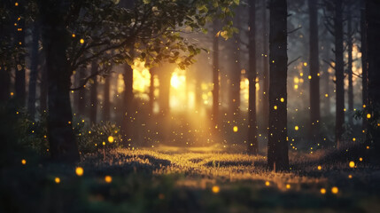 Fototapeta premium serene forest scene illuminated by soft sunlight filtering through trees, with glowing fireflies dancing in air, creating magical atmosphere
