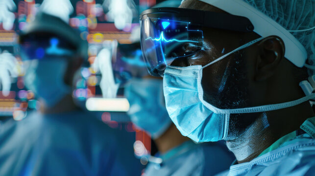 A surgeon in telemedicine, using augmented reality glasses to guide a distant surgical team, overlaying real-time instructions and feedback