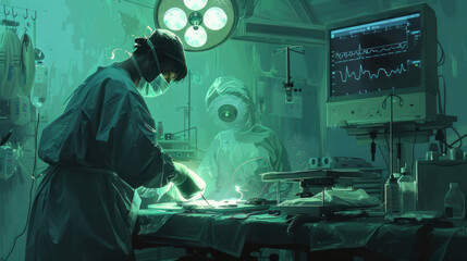 A surgeon in the middle of surgery, using tools that emit a soft, guiding light, ensuring every movement is precise and aligned with the patient's needs