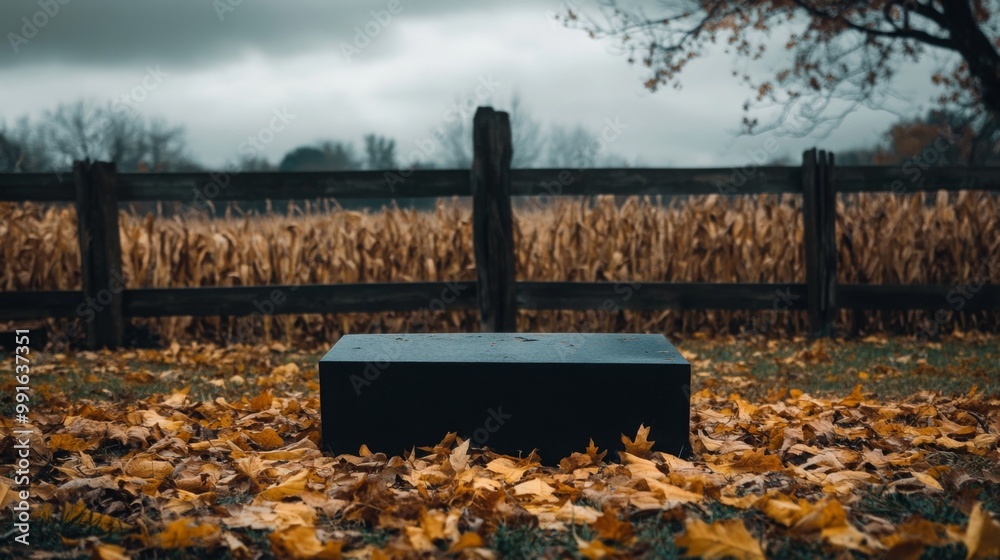 Poster a dark rectangular stone sits on a bed of vibrant autumn leaves. behind it, a rustic wooden fence en
