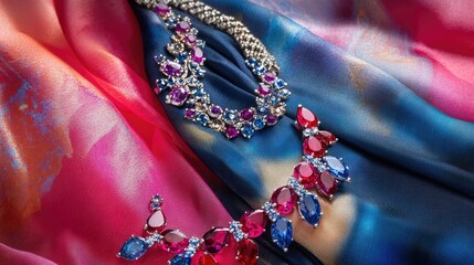 Fototapeta premium Gemstone jewelry collection featuring rubies and sapphires on a colorful fabric backdrop, with some pieces placed on a white background.