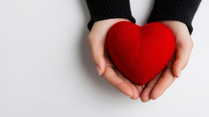 Obraz premium A pair of hands gently cradles a red heart, symbolizing love and care against a minimalistic white background.
