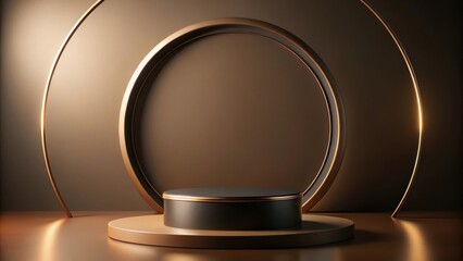 Dynamic Abstract Design with Black Geometric Frame and Brown Circle Podium